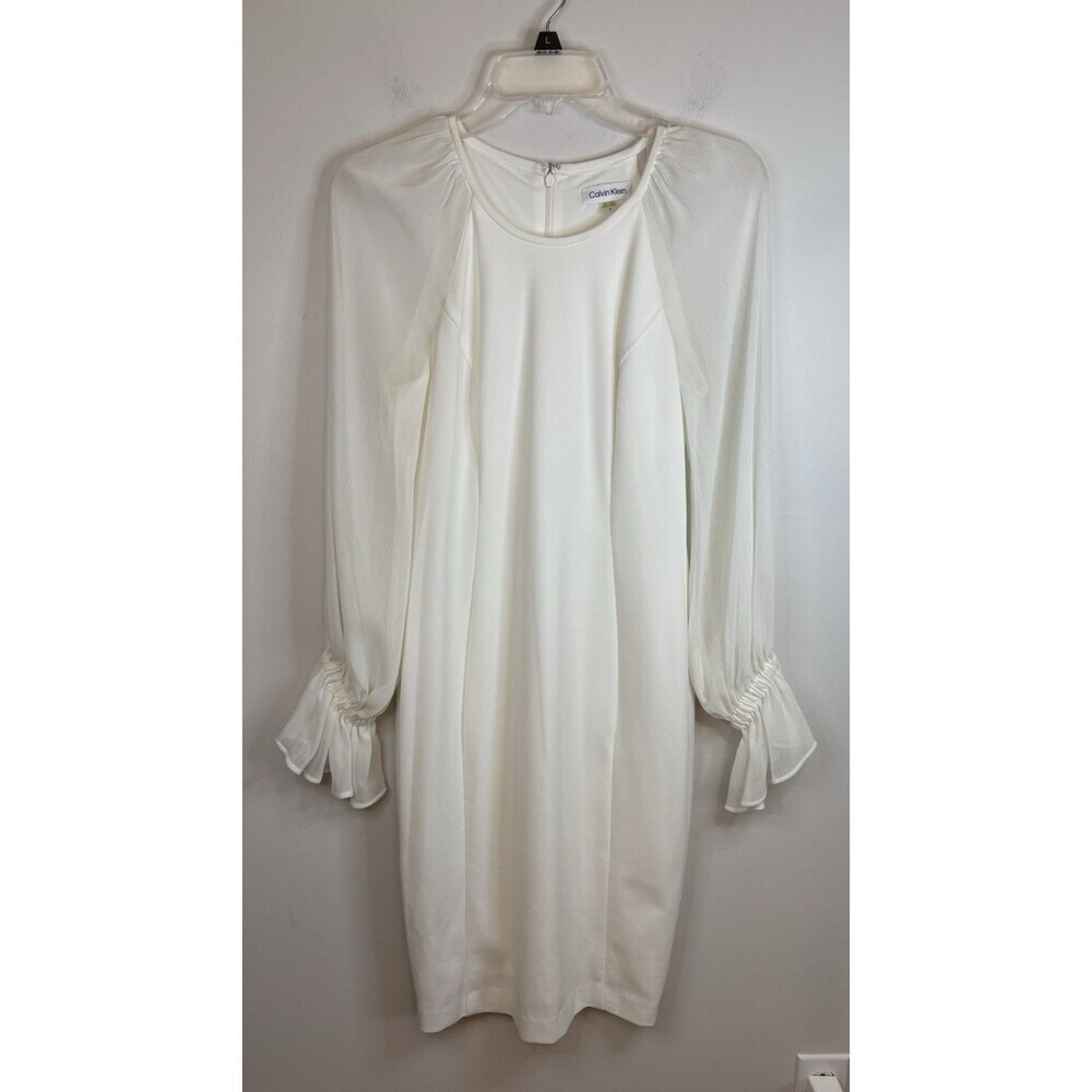 CALVIN KLEIN White Chiffon Sheer Bell Sleeve Sheath Dress Women 6 Lined Cocktail